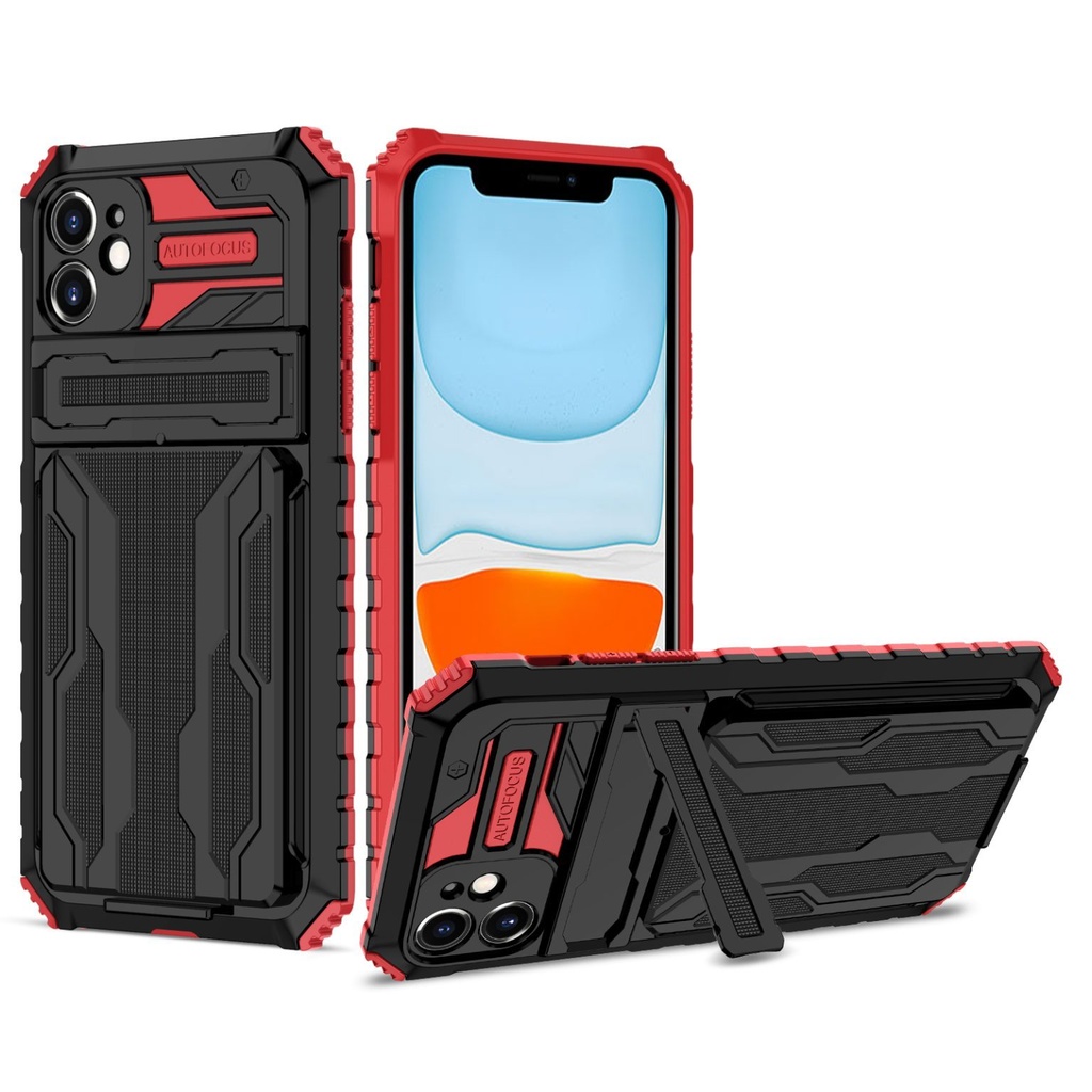 iPhone 13 Pro Max Fashion Phone Cover Case with A Card Slot & Card Holder (i-Crystal) Black+Red