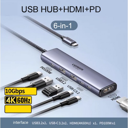 UGREEN 6-in-1 USB C Hub 10Gbps 4K HDMI 100W PD MacBook iPad Steam Deck Rog Ally Grey
